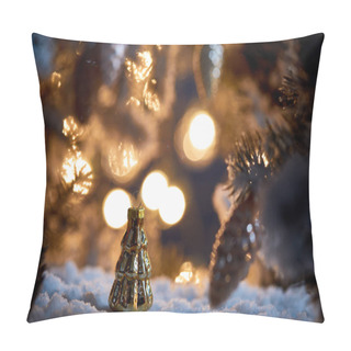 Personality  Close Up Of Christmas Tree With Decorative Christmas Balls On Snow With Lights Bokeh At Night   Pillow Covers