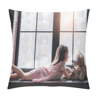Personality  Side View Of Little Child Playing With Teddy Bear While Lying On Windowsill Pillow Covers