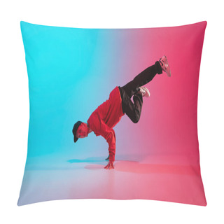 Personality  Beautiful Sportive Boy Dancing Hip-hop In Stylish Clothes On Colorful Gradient Background At Dance Hall In Neon Light. Pillow Covers