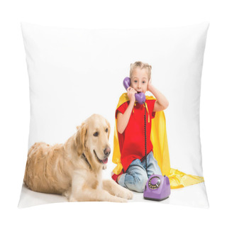 Personality  Lying Golden Retriever  With Shocked Little Supergirl Talking On Phone Isolated On White Pillow Covers