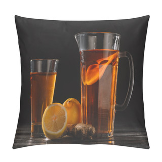 Personality  Tea With Lemons And Ginger Root In Glass And Jar On Wooden Table Isolated On Black Pillow Covers