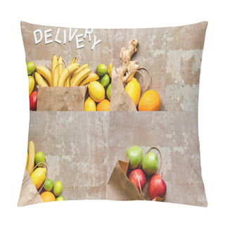 Personality  Top View Of Word Delivery Near Paper Bag With Colorful Fresh Fruits On Beige Weathered Surface, Collage Pillow Covers