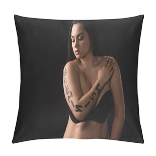 Personality  Front View Of Plus Size Model With Lettering Hashtag Feminism On Body Covering Breast With Hand Isolated On Black Pillow Covers