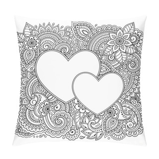 Personality  Outline Floral Pattern With Heart For Coloring Book Page. Antistress For Adults And Children. Doodle Ornament In Black And White. Hand Draw Vector Illustration. Pillow Covers