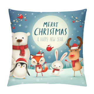 Personality  Merry Christmas And Happy New Year! Christmas Cute Animals Character. Happy Christmas Companions. Polar Bear, Fox, Penguin, Bunny And Red Cardinal Bird Under The Moonlight. Winter Landscape. Pillow Covers