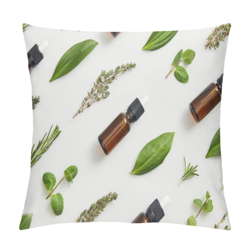 Personality  Flat Lay With Bottles On Essential Oil And Green Herbs On Grey Background Pillow Covers