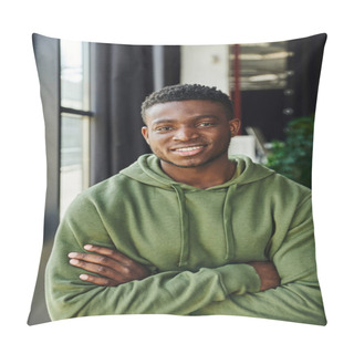 Personality  Youthful And Charismatic African American Entrepreneur In Green And Trendy Hoodie Standing With Folded Arms And Smiling At Camera, Happy Emotion, Contemporary Office Space  Pillow Covers
