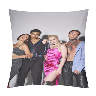 Personality  Four Stylish Multicultural Friends Posing Together In Evening Attire On Grey, New Year 2024 Concept Pillow Covers
