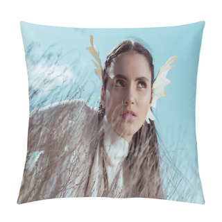 Personality  Low Angle View Of Elegant Woman In White Swan Costume Standing Near Dry Bush, Looking Away Pillow Covers