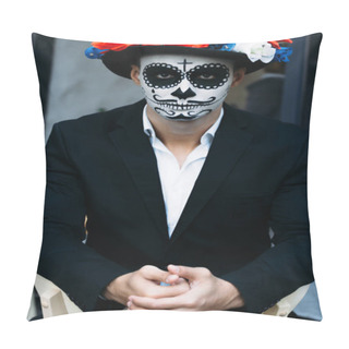 Personality  A Man With A Painted Face Of A Skeleton, A Dead Zombie, In The City During The Day. Day Of All Souls, Day Of The Dead, Halloween, Ghost Walk In A Hat Pillow Covers