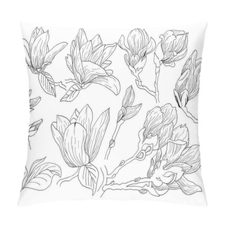 Personality  Set Of Isolated  Magnolia Flowers . Magnolia Flowers Drawing And Sketch With Line-art On White Backgrounds Pillow Covers