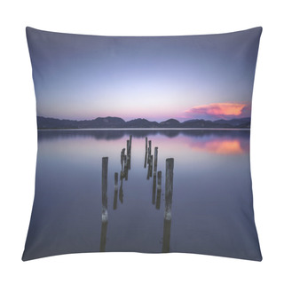 Personality  Wooden Pier Or Jetty Remains On A Blue Lake Sunset And Sky Refle Pillow Covers