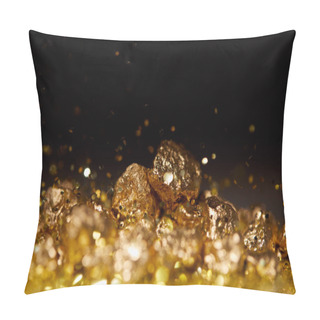Personality  Selective Focus Of Golden Stones On Sparkling Surface And Black Background Pillow Covers