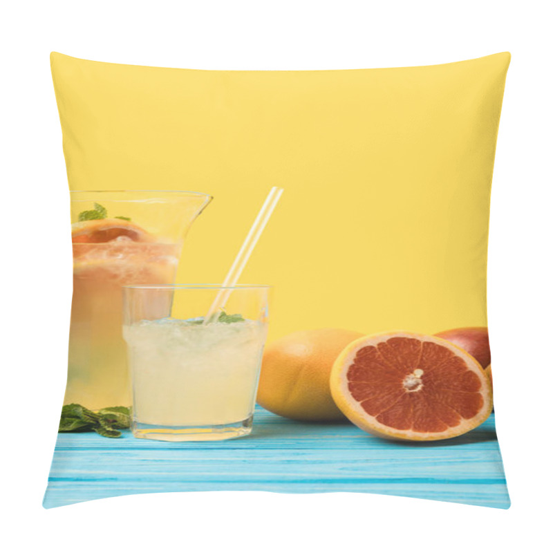 Personality  Close-up View Of Fresh Ripe Tropical Fruits And Cold Summer Cocktail In Glass And Jug On Yellow Pillow Covers