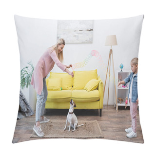 Personality  Smiling Mom And Kid Holding Colorful Slinky Near Jack Russell Terrier At Home  Pillow Covers