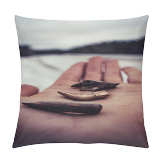 Personality  Different Stages And Forms Of Bullets After Been Shot - Bent And Destructed With Ballistic Marks Held In Palm, Vintage Film Look Pillow Covers