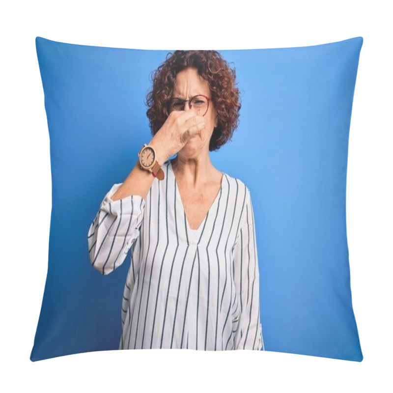 Personality  Middle Age Beautiful Curly Hair Woman Wearing Casual Striped Shirt Over Isolated Background Smelling Something Stinky And Disgusting, Intolerable Smell, Holding Breath With Fingers On Nose. Bad Smell Pillow Covers