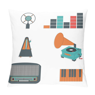 Personality Music Players And Components Vol 3 Including  Vintage Microphone, Sound And Tune Indicators, Metronome, Piano Keys, Gramophone, Piano Keys , Retro Radio Pillow Covers