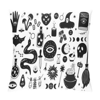 Personality  Magical Vector Set. Hand-drawn Icons With Witchcraft Symbols Isolated On White Background. Mystical Collection Consist Of Crystal Ball, Black Cat, Bat, Skull, Magic Elixir, Snake, Eyes And Ets Pillow Covers