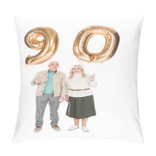 Personality  Cheerful Senior Couple Holding 90 Balloons Isolated On White Pillow Covers