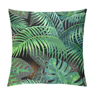 Personality  Watercolor Abstract Summer Seamless Pattern With Bright Green Tropical Plants And Animals On Black Background. Watercolour Hand Drawn Exotic Texture. Print For Textile, Wallpaper, Wrapping Paper. Pillow Covers