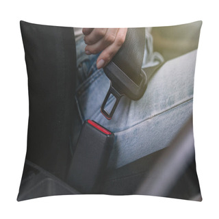 Personality  Close-up Of Car Seat Belt Fastener. Woman's Hand Fastens The Seat Belt Of The Car. Pillow Covers