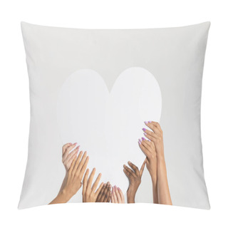 Personality  A Large White Heart Held Up By Eight Colored Hands Of Different Nations And Races. Many Races But A Common Pure Heart. Pillow Covers