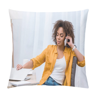 Personality  African American Young Woman Talking By Phone At Workplace Pillow Covers