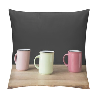 Personality  Three Colored Cups On Wooden Table On Black Pillow Covers
