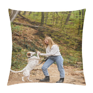 Personality  Cheerful Woman Training Her Pet Dog Holding Leash At Hiking Rest With Mountain And Forest View Pillow Covers