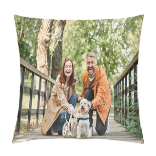 Personality  A Man And Woman Kneeling With Two Dogs In A Park. Pillow Covers