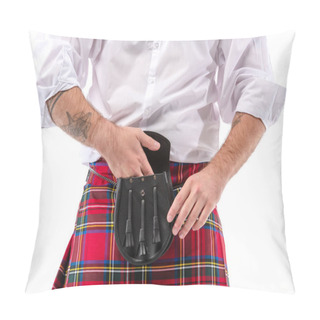 Personality  Cropped View Of Scottish Man In Red Kilt Putting Hand In Leather Belt Bag Isolated On White Pillow Covers