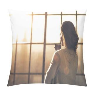 Personality  Young Woman Enjoying Cup Of Coffee In Loft Apartment. Rear View Pillow Covers