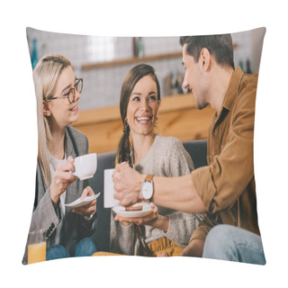 Personality  Cheerful Friends Chatting While Holding Cups In Cafe Pillow Covers