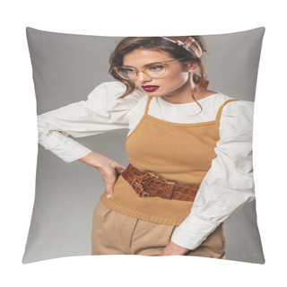 Personality  Trendy Young Woman In Vintage Clothes Posing With Hand On Hip Isolated On Grey Pillow Covers