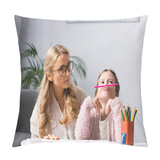 Personality  Little Girl Fooling While Drawing Pictures At Psychologist Pillow Covers