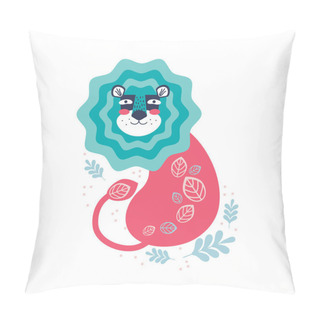 Personality  Cute Hand Drawn Lion And Tropic Plants. Funny Cartoon Animal. Character Is A Wild Cat. Africa, Safari. Ilustration, Poster, Baby Wear. Scandinavian Style Flat Design. Concept For Children Print Pillow Covers
