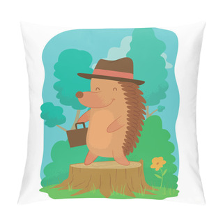 Personality  Card, Cute Brown Hedgehog With A Briefcase Pillow Covers