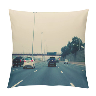 Personality  Traffic On Highway In Fog Mist. Cars On Freeway Road At Evening In American City Country. Poor Visibility In Bad Weather Conditions. Toned Wit Vintage Film Hipster Filters. Pillow Covers