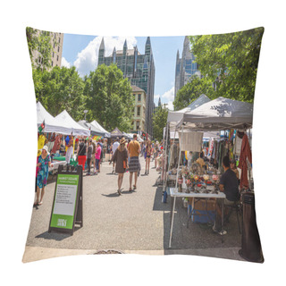 Personality  On A Sunny Summer Day, Market Square In Pittsburgh Bustles With People And Street Vendors, Creating A Vibrant Atmosphere. Pillow Covers