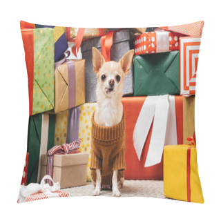 Personality  Close Up View Of Adorable Chihuahua Dog In Sweater Sitting Near Christmas Presents On Floor Pillow Covers