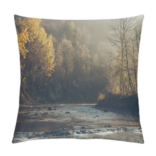 Personality  Dramatic Shot Of Mountain River And Beautiful Golden Trees, Carpathians, Ukraine Pillow Covers