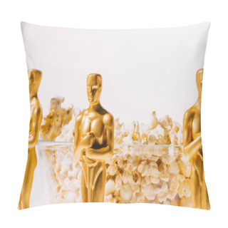Personality  KYIV, UKRAINE - JANUARY 10, 2019: Oscar Award Statuettes With Bowl Of Popcorn Isolated On White Pillow Covers