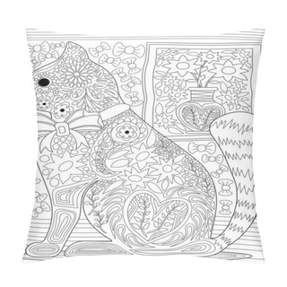 Personality  Abstract Vector Line Drawing House Cat Wearing Bow Sitting Floor Floral Picture Background. Digital Lineart Image Feline Animal Having Ribbon Collar Flower Patterns. Pillow Covers