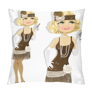 Personality  Blond Woman With Small Pistol In Retro Dress Pillow Covers