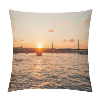 Personality  Scenic View Of Boast In Sea, Golden Horn Metro Bridge And Sunset Sky In Istanbul, Turkey  Pillow Covers