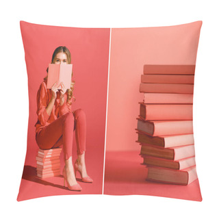 Personality  Collage With Living Coral Books And Young Woman Reading Book. Pantone Color Of The Year 2019 Concept Pillow Covers