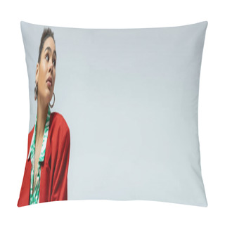 Personality  African American Woman In Stylish Red Blazer And Hoop Earrings Looking Away On Grey Backdrop, Banner Pillow Covers