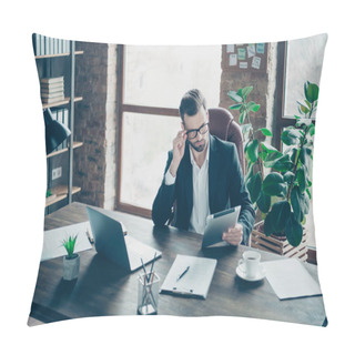 Personality  Photo Of Attentive Handsome Business Guy Focused On Reading E-reader Report Checking Finance Information Wear Specs Black Blazer Shirt Suit Sitting Chair Office Indoors Pillow Covers