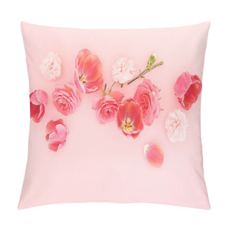 Personality  Top View Of Blooming Spring Flowers On Pink Background Pillow Covers